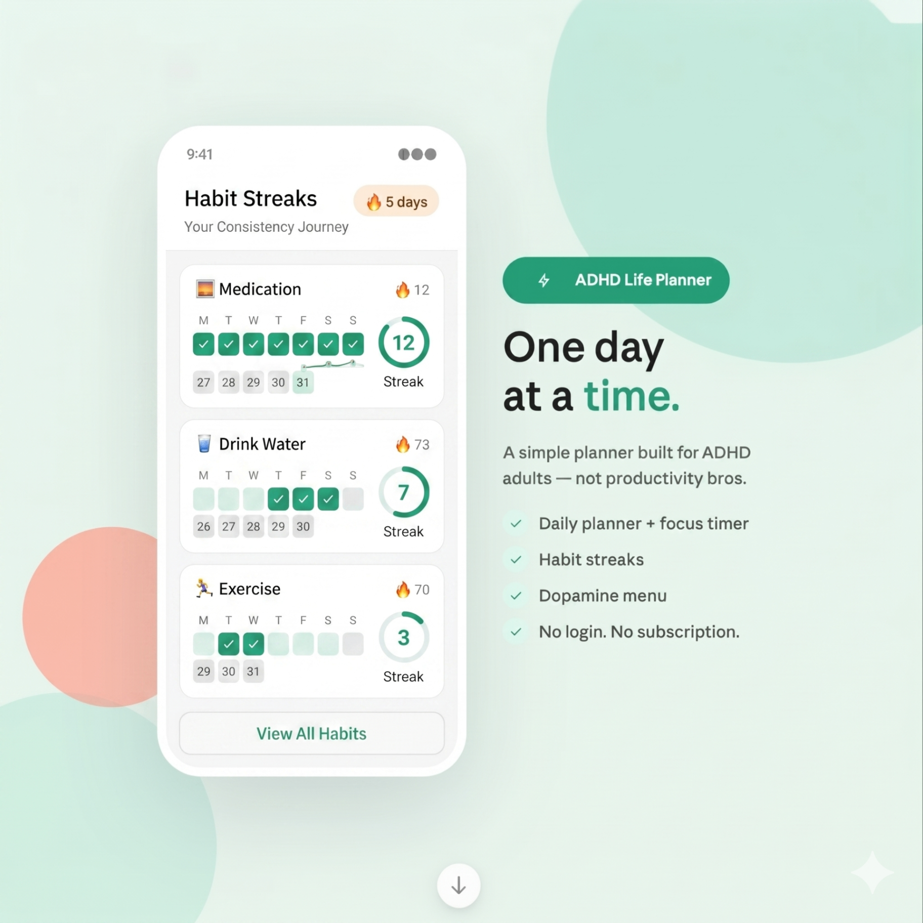 Habit streak view with visual grid and counters