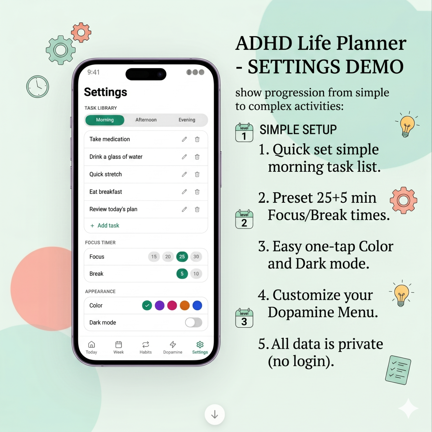 Settings screen with task library timer presets themes and dark mode
