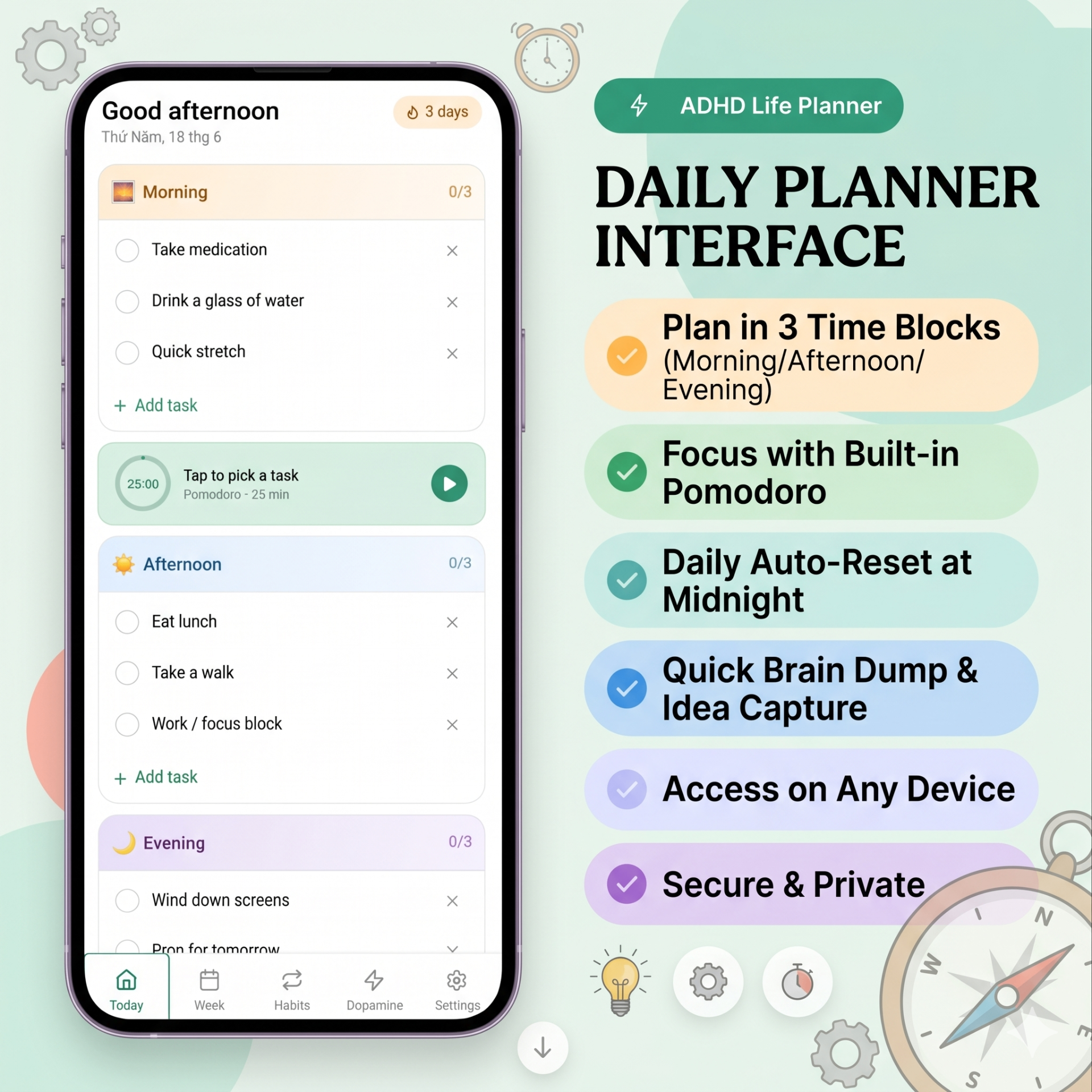 Daily planner interface with three time blocks and pomodoro timer